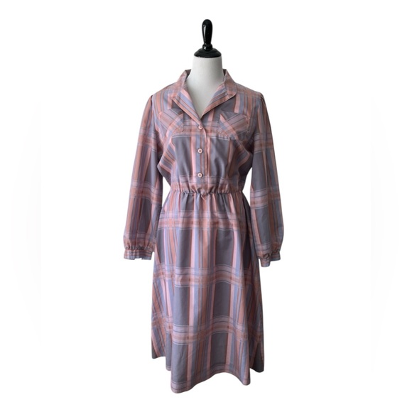 Vintage Dresses & Skirts - Pink Plaid 80s Midi Dress